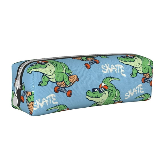Pofeuu Crocodile Riding Skateboard Print Leather Pencil Case, Leather Pencil Pouch Large Capacity, Big Pencil Pouch with Zipper Vintage Pen Bag Fountain Pen Holder