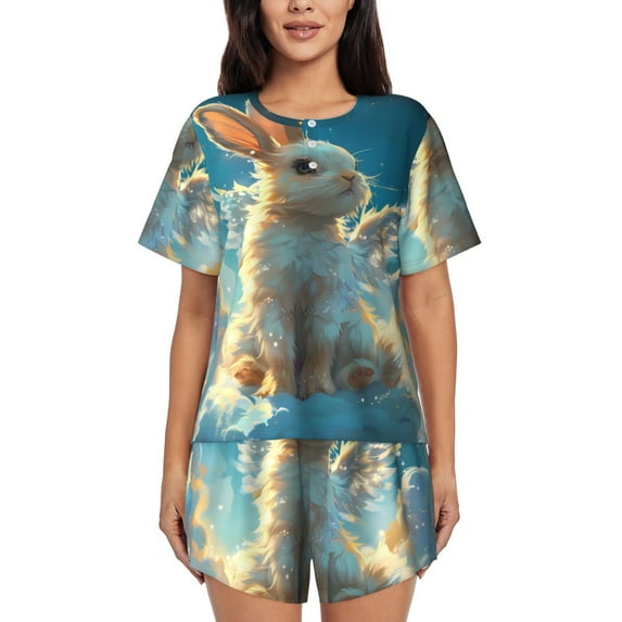 Pofeuu Cute Angel Winged Rabbit Print Women's Pajama Set Short/Shorts Soft Button PJs Elastic Drawstring Waist Sleepwear-Medium