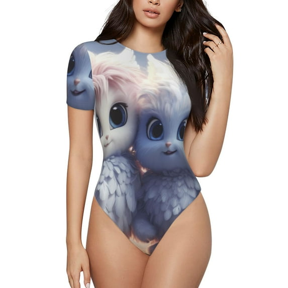 Pofeuu Cute Animal Couple Print Short Sleeve Body Suits Women Round Neck Bodysuits for Women Onesie Adult Set Body Suit-XX-Large