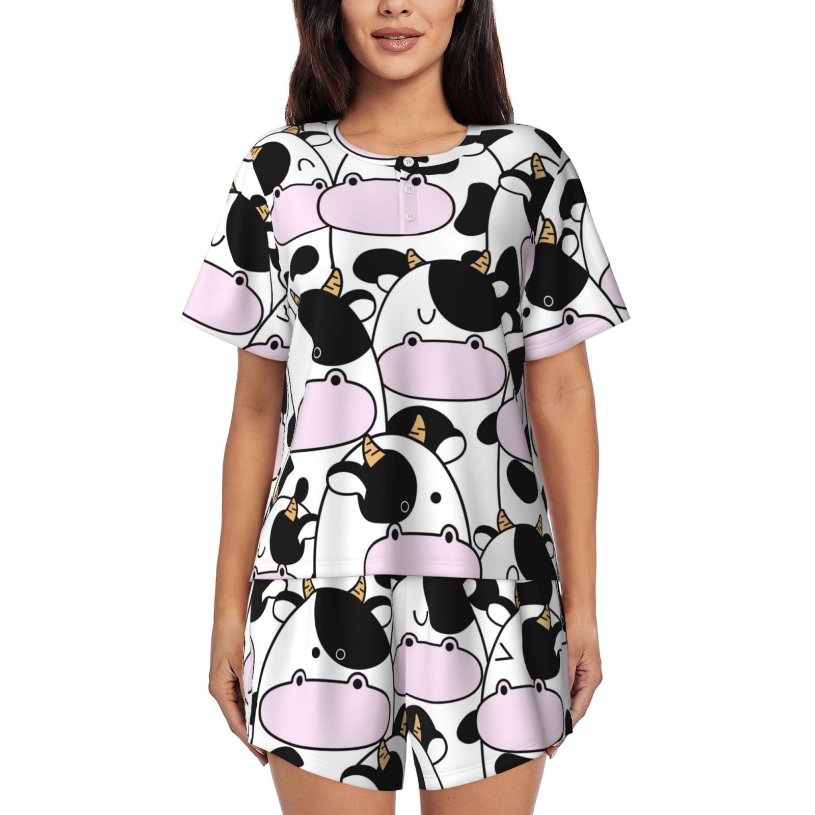 Pofeuu Cute Animal with Cow Print Women's Pajama Set Short/Shorts Soft ...