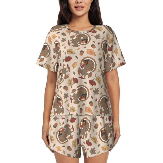 Pofeuu Cute Autumn Turkey Print Women's Pajama Set Short/Shorts Soft Button PJs Elastic Drawstring Waist Sleepwear-Large