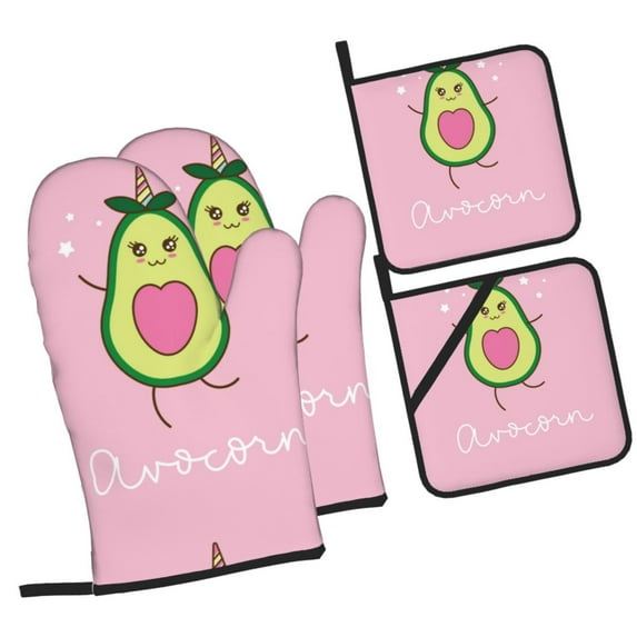 Pofeuu Cute Avocado Print Oven Mitts and Pot Holders 4 pcs Set,High Heat Resistant 500 Degree Extra Thicken Long Kitchen Cotton Oven Glove for Cooking