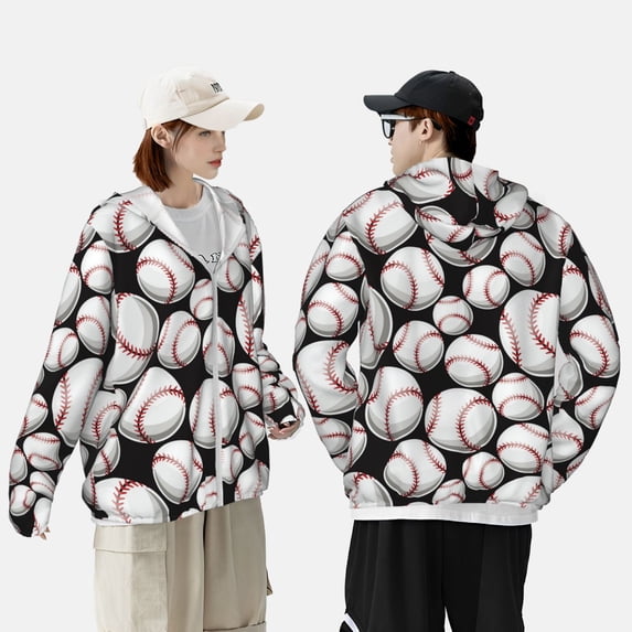 Pofeuu Cute Baseball Print Sun Protection Outdoor Lightweight Full Zip UV Cooling Hoodie Long Sleeve Summer Clothing for Outdoor Hiking-Small