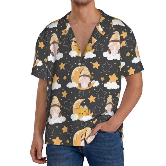 Pofeuu Cute Bee Gnome Print Mens Casual Short Sleeve Shirts Beach Summer Spread Collar Pocket Tops Men's Casual Short-sleeved Shirt-Large