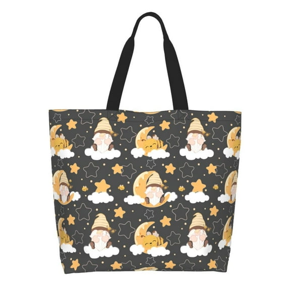 Pofeuu Cute Bee Gnome Print Reusable Grocery Bags - Washable, Foldable, Packable Tote, Large Handles, Heavy Duty, Zippered Top Pouch