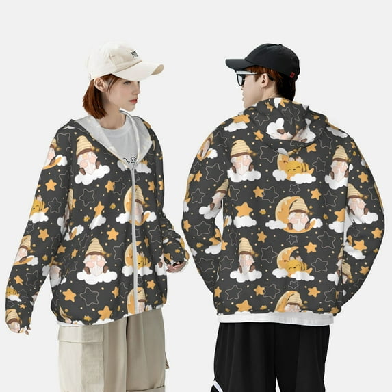 Pofeuu Cute Bee Gnome Print Sun Protection Outdoor Lightweight Full Zip UV Cooling Hoodie Long Sleeve Summer Clothing for Outdoor Hiking-X-Large