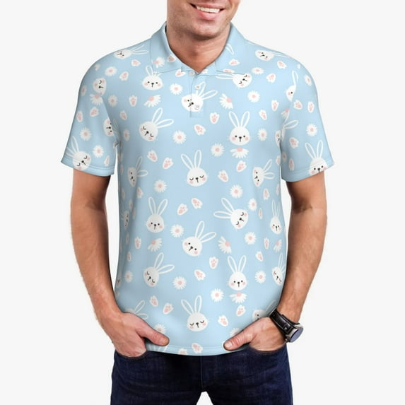Pofeuu Cute Bunny Print Men's Loose Fit Midweight Short-Sleeve Pocket Polo-Medium