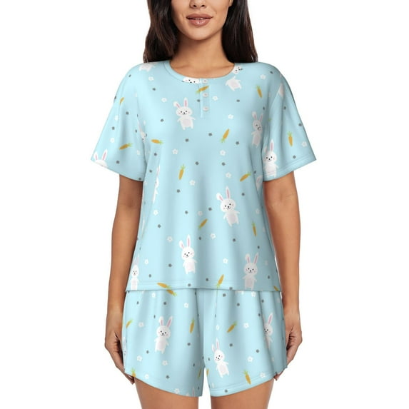 Pofeuu Cute Bunny Print Women's Pajama Set Short/Shorts Soft Button PJs Elastic Drawstring Waist Sleepwear-Medium