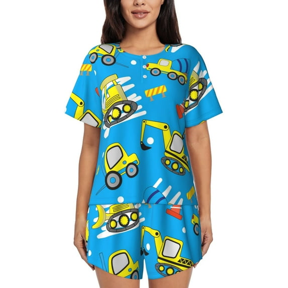 Pofeuu Cute Car Cartoon Print Women's Pajama Set Short/Shorts Soft Button PJs Elastic Drawstring Waist Sleepwear-Medium