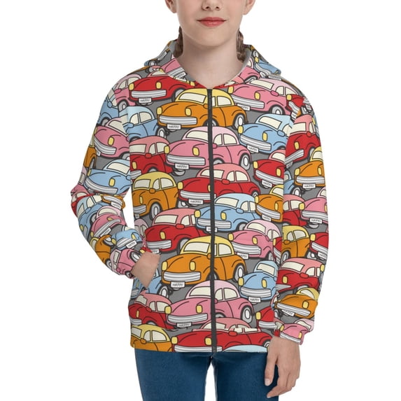 Pofeuu Cute Cars Print Teenage Zipper Hoodie Sweatshirts Hooded Casual Jackets With Pocket For Boys Girls-Medium