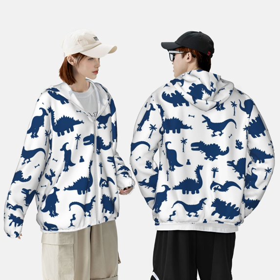 Pofeuu Cute Cartoon Dinosaurs Print Sun Protection Outdoor Lightweight Full Zip UV Cooling Hoodie Long Sleeve Summer Clothing for Outdoor Hiking-XX-Large