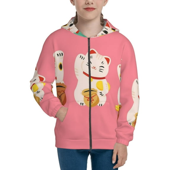 Pofeuu Cute Cat Print Teenage Zipper Hoodie Sweatshirts Hooded Casual Jackets With Pocket For Boys Girls-Small