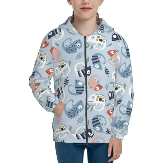 Pofeuu Cute Chameleons On Blue Print Teenage Zipper Hoodie Sweatshirts Hooded Casual Jackets With Pocket For Boys Girls-Small