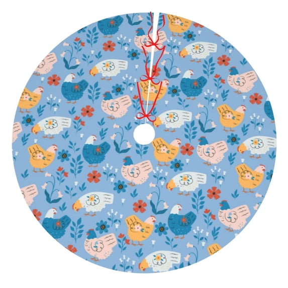 Pofeuu Cute Chickens and Flowers Print Christmas Tree Skirt, Merry Christmas Skirt Xmas Tree Ornaments for Xmas Holiday Party Decorations-30"