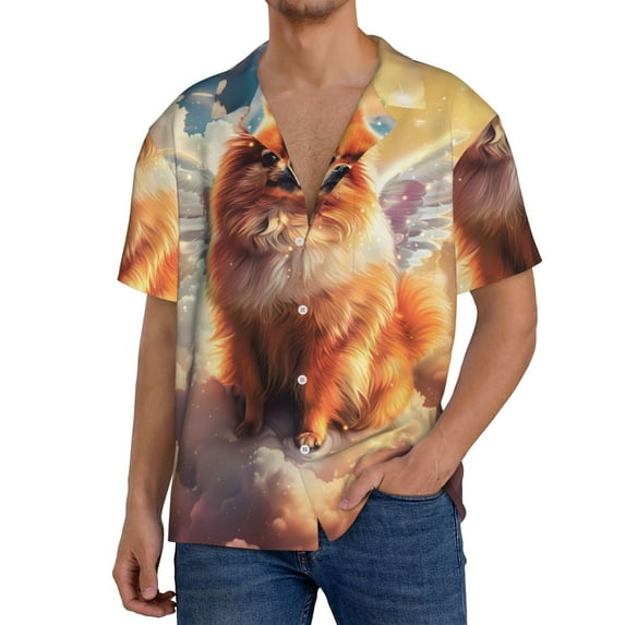Pofeuu Cute Cloud Pomeranian Print Mens Casual Short Sleeve Shirts Beach Summer Spread Collar Pocket Tops Men's Casual Short-sleeved Shirt-