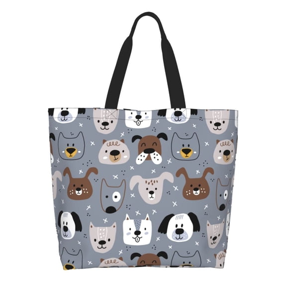 Pofeuu Cute Dog Faces Print Reusable Grocery Bags - Washable, Foldable, Packable Tote, Large Handles, Heavy Duty, Zippered Top Pouch
