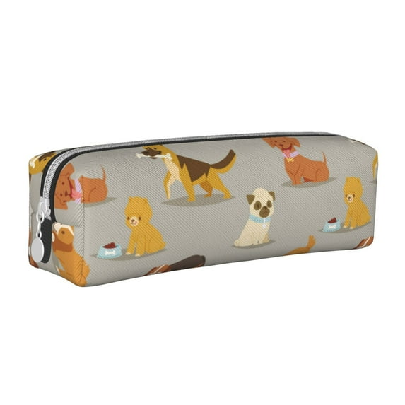 Pofeuu Cute Dog Print Leather Pencil Case, Leather Pencil Pouch Large Capacity, Big Pencil Pouch with Zipper Vintage Pen Bag Fountain Pen Holder