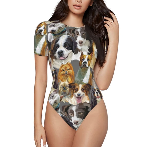 Pofeuu Cute Dog Print Short Sleeve Body Suits Women Round Neck Bodysuits for Women Onesie Adult Set Body Suit-Large