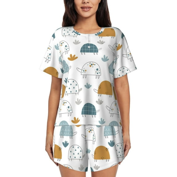 Pofeuu Cute Doodle Turtles Print Women's Pajama Set Short/Shorts Soft Button PJs Elastic Drawstring Waist Sleepwear-Medium