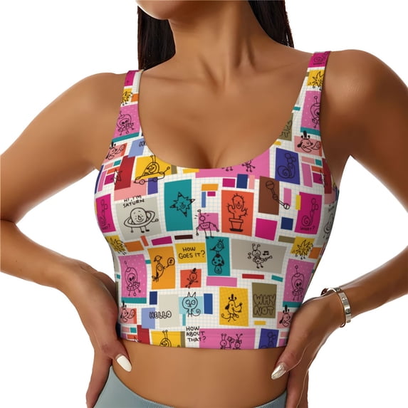 Pofeuu Cute Doodles Print Sports Bra for Women Sexy Vest Yoga Running Gym Fitness Crop Bras Tops-Medium