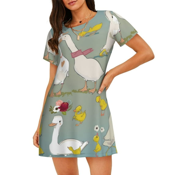 Pofeuu Cute Farm Birds Print Women's Loose Fit Short Sleeve Nightgown, Comfortable Sleep Dress for Women, Casual Lounge Sleepwear, Soft Cotton Sleep Dress