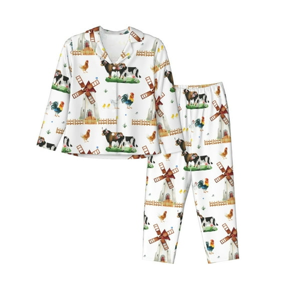 Pofeuu Cute Farm Print Womens Pajamas Set Long Sleeve Sleepwear Button Down Nightwear Soft Pj Lounge Sets Button Down Pajamas Women-Medium