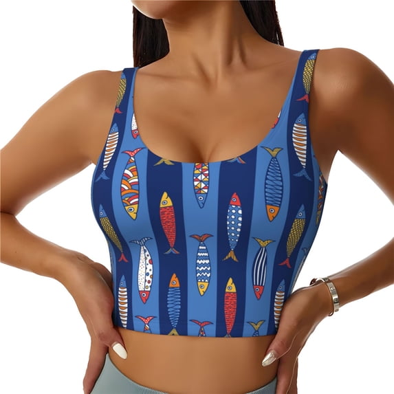 Pofeuu Cute Fish Print Sports Bra for Women Sexy Vest Yoga Running Gym Fitness Crop Bras Tops-Medium
