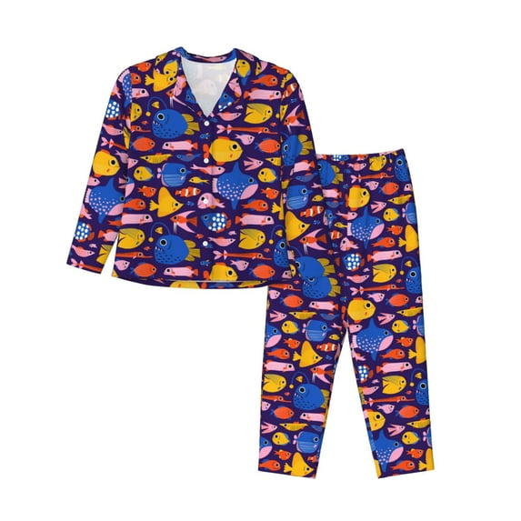 Pofeuu Cute Flat Hand Drawn Fishes Print Womens Pajamas Set Long Sleeve Sleepwear Button Down Nightwear Soft Pj Lounge Sets Button Down Pajamas Women-Medium