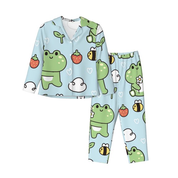 Pofeuu Cute Floral Frog Print Womens Pajamas Set Long Sleeve Sleepwear Button Down Nightwear Soft Pj Lounge Sets Button Down Pajamas Women-X-Large