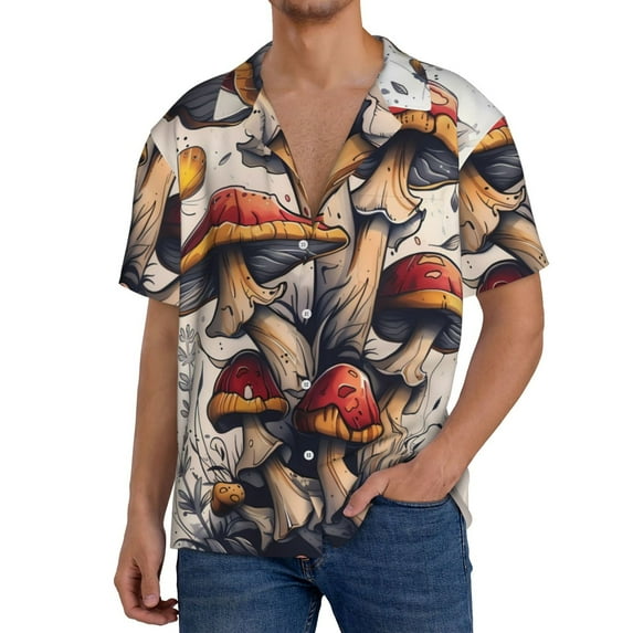 Pofeuu Cute Forest Mushrooms Print Mens Casual Short Sleeve Shirts Beach Summer Spread Collar Pocket Tops Men's Casual Short-sleeved Shirt-3X-Large