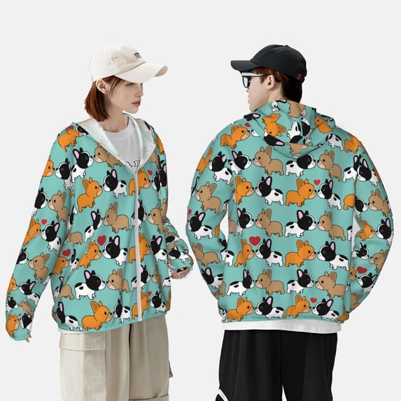 Pofeuu Cute French Bulldog Print Sun Protection Outdoor Lightweight Full Zip UV Cooling Hoodie Long Sleeve Summer Clothing for Outdoor Hiking-X-Large