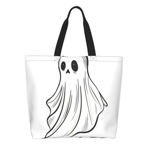 Pofeuu Cute Ghost Simple Drawing Print Reusable Grocery Bags - Washable, Foldable, Packable Tote, Large Handles, Heavy Duty, Zippered Top Pouch