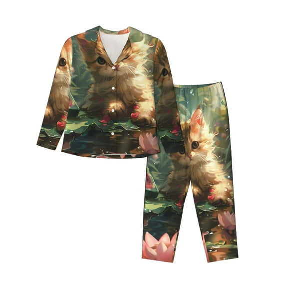 Pofeuu Cute Kitten Water Lilies Print Womens Pajamas Set Long Sleeve Sleepwear Button Down Nightwear Soft Pj Lounge Sets Button Down Pajamas Women-Small