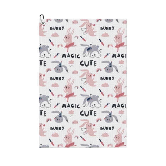 Pofeuu Cute Magic Bunny Print Premium Golf Towel with Carabiner Clip Absorbent Microfiber Waffle Pattern Golf Towel for Golf Bag Trolly Belt Loop
