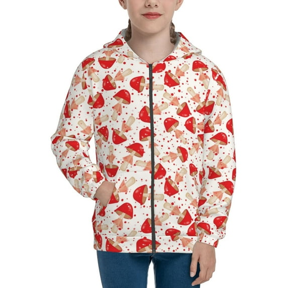 Pofeuu Cute Mushroom Print Teenage Zipper Hoodie Sweatshirts Hooded Casual Jackets With Pocket For Boys Girls-Small