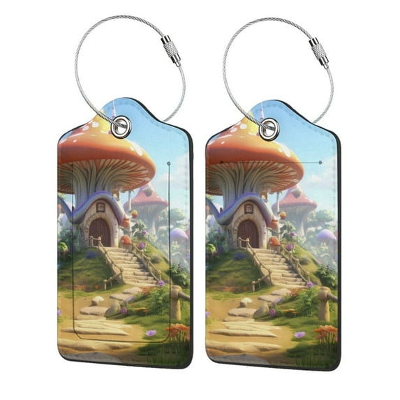 Pofeuu Cute Mushroom Town Print Luggage Tags, Privacy Cover ID Label with Stainless Steel Loop and Address Card for Travel Bag Suitcase-2 PCS
