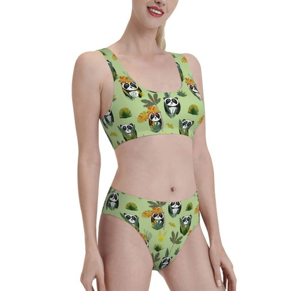 Pofeuu Cute Panda Bear In Greenery Forest Print Womens Bathing Suits Modest High Waisted Bikini Sets Cute Halter 2 Piece Swim Suit