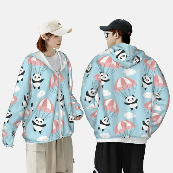 Pofeuu Cute Panda Flying in the Sky Print Sun Protection Outdoor Lightweight Full Zip UV Cooling Hoodie Long Sleeve Summer Clothing for Outdoor Hiking-3X-Large