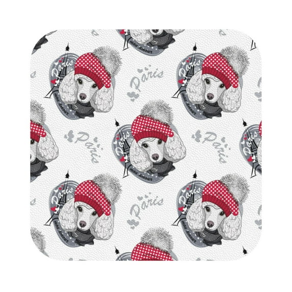 Pofeuu Cute Poodle Dog Print Leather Coasters Set of 6, Round Cups Mugs Mat Pad for Home Kitchen Heat Resistant Drink Coasters,Square