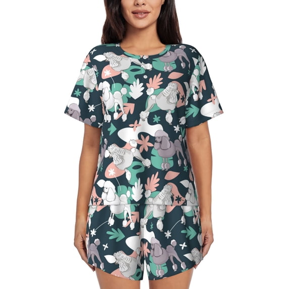 Pofeuu Cute Poodle Dog Print Women's Pajama Set Short/Shorts Soft Button PJs Elastic Drawstring Waist Sleepwear-4X-Large