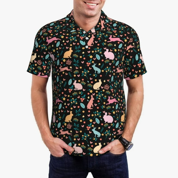 Pofeuu Cute Rabbit And Flower Print Men's Loose Fit Midweight Short-Sleeve Pocket Polo-3X-Large