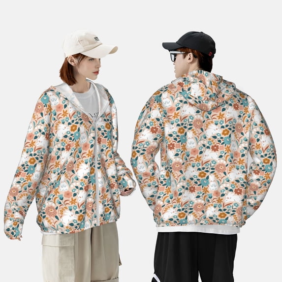 Pofeuu Cute Rabbit Floral Print Sun Protection Outdoor Lightweight Full Zip UV Cooling Hoodie Long Sleeve Summer Clothing for Outdoor Hiking-XX-Large