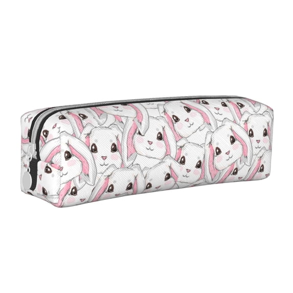 Pofeuu Cute Rabbit Print Leather Pencil Case, Leather Pencil Pouch Large Capacity, Big Pencil Pouch with Zipper Vintage Pen Bag Fountain Pen Holder
