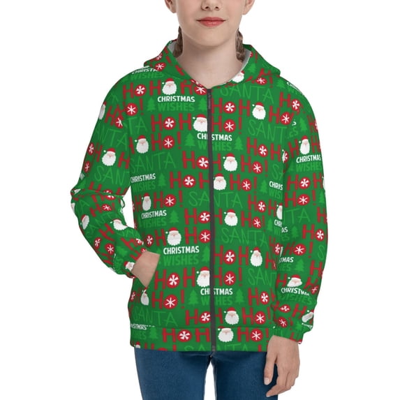 Pofeuu Cute Santa And Ho Ho Ho Print Teenage Zipper Hoodie Sweatshirts Hooded Casual Jackets With Pocket For Boys Girls-Medium