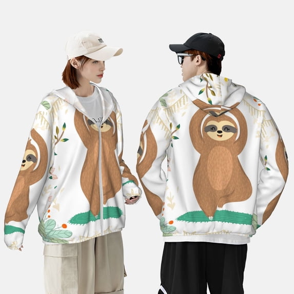 Pofeuu Cute Sloth In Yoga Pose Tree Print Sun Protection Outdoor Lightweight Full Zip UV Cooling Hoodie Long Sleeve Summer Clothing for Outdoor Hiking-Large