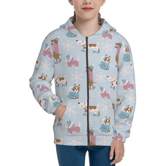 Pofeuu Cute Snowflake Dachshund Print Teenage Zipper Hoodie Sweatshirts Hooded Casual Jackets With Pocket For Boys Girls-Medium