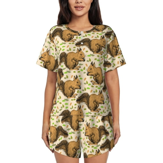 Pofeuu Cute Squirrel with Green Leaves Print Women's Pajama Set Short/Shorts Soft Button PJs Elastic Drawstring Waist Sleepwear-Large