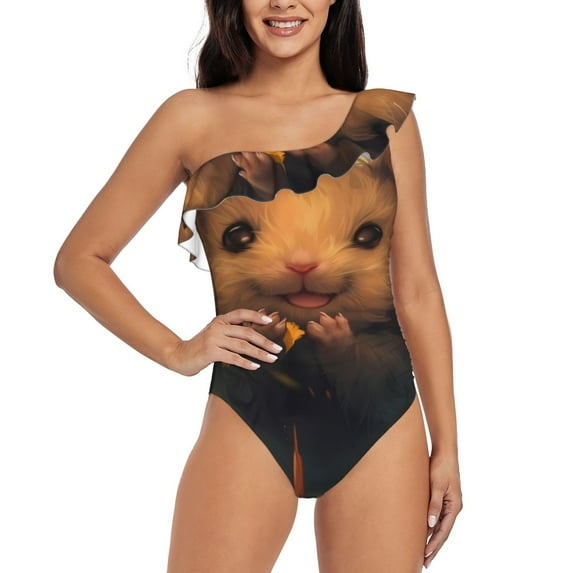 Pofeuu Cute Sunflower Guinea Pig Print Women's One Piece Swimsuits One Shoulder Swimwear Asymmetric Ruffle Monokinis Bathing Suits-Small