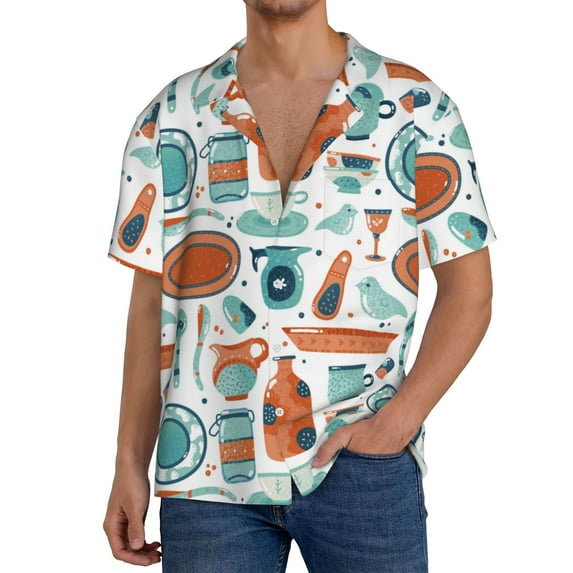 Pofeuu Cute Tableware Print Mens Casual Short Sleeve Shirts Beach Summer Spread Collar Pocket Tops Men's Casual Short-sleeved Shirt-4X-Large