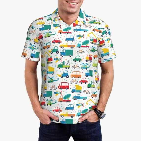 Pofeuu Cute Transport Print Men's Loose Fit Midweight Short-Sleeve Pocket Polo-XX-Large